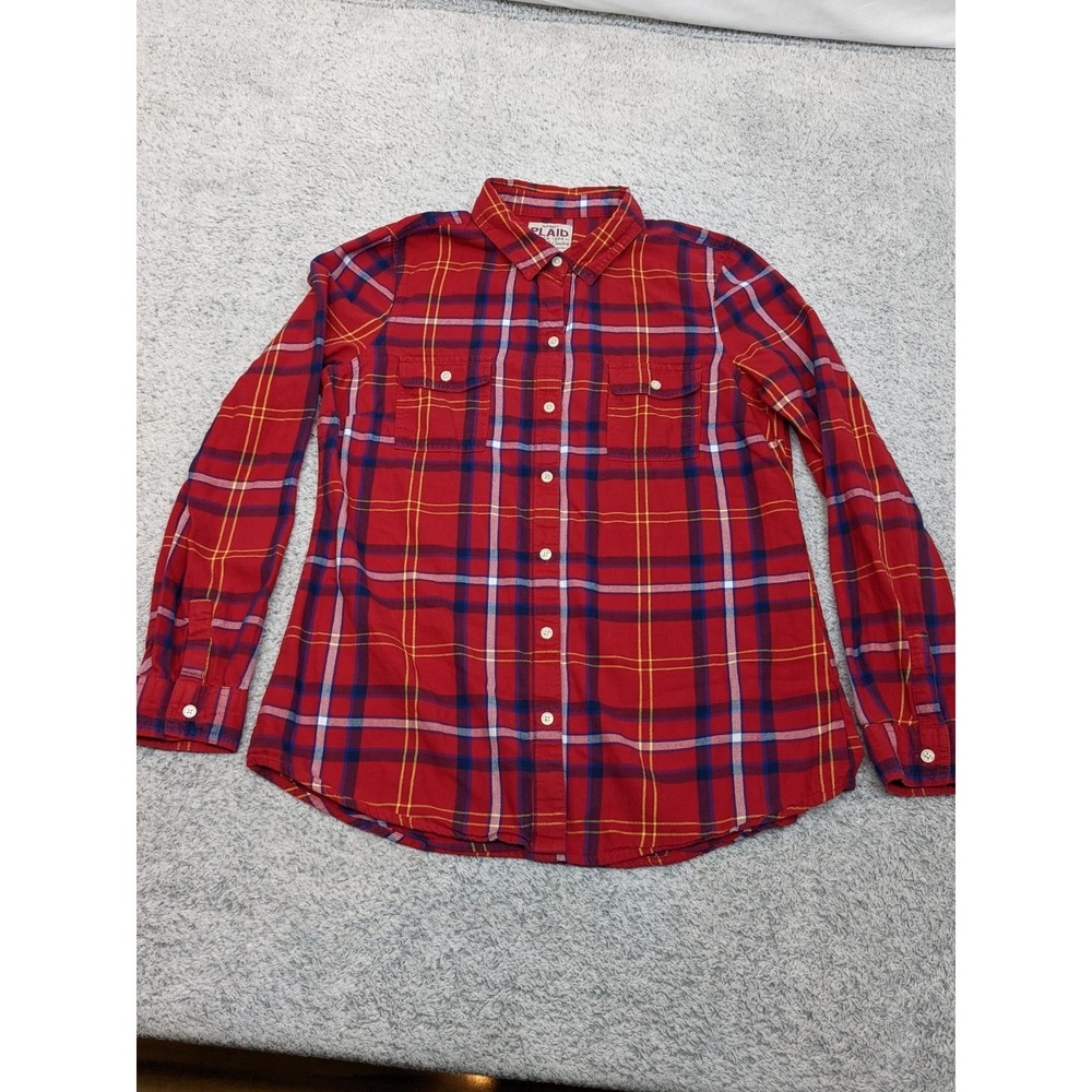 Old Navy Plaid Flannel Shirt Womens Small Red Blue Yellow Long Sleeve‎ Button Up